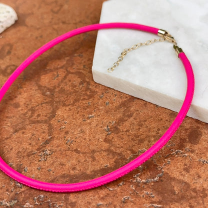 14KT Yellow Gold 3mm Hot Pink Leather Cord Necklace
