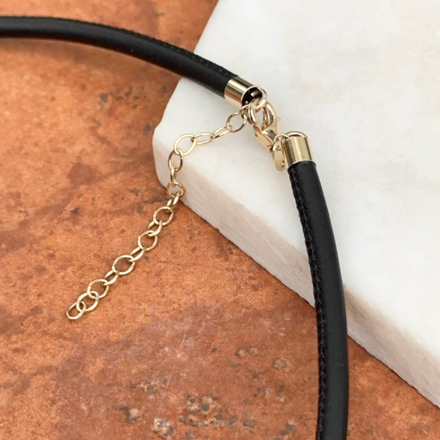 14KT Yellow Gold Black Leather Cord Necklace  17"- 19" Open Center for Pendant