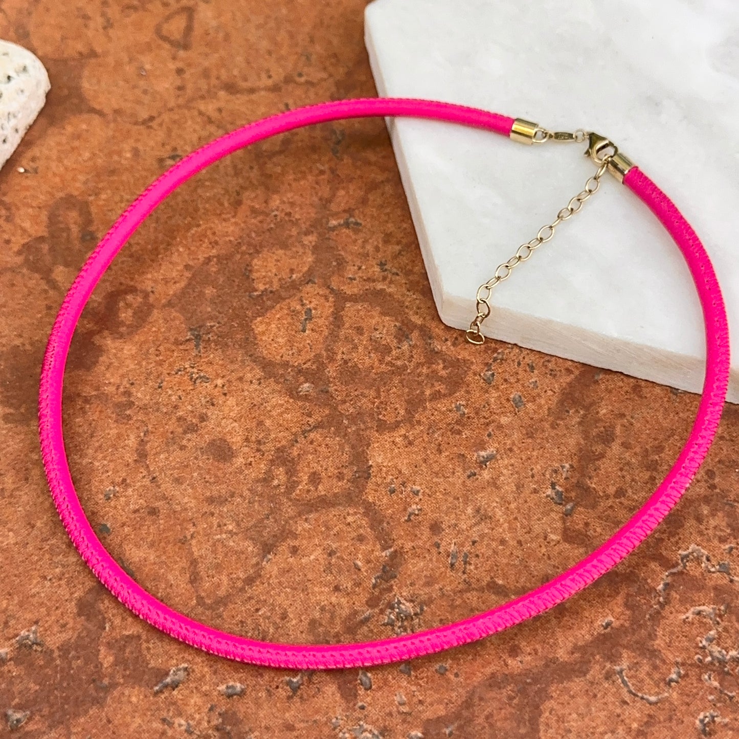 14KT Yellow Gold 3mm Hot Pink Leather Cord Necklace