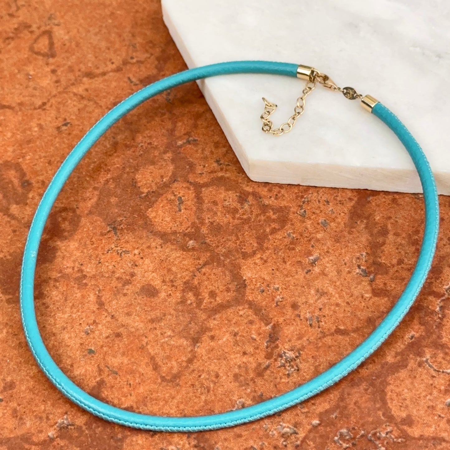 14KT Yellow Gold 3mm Turquoise Leather Cord Necklace