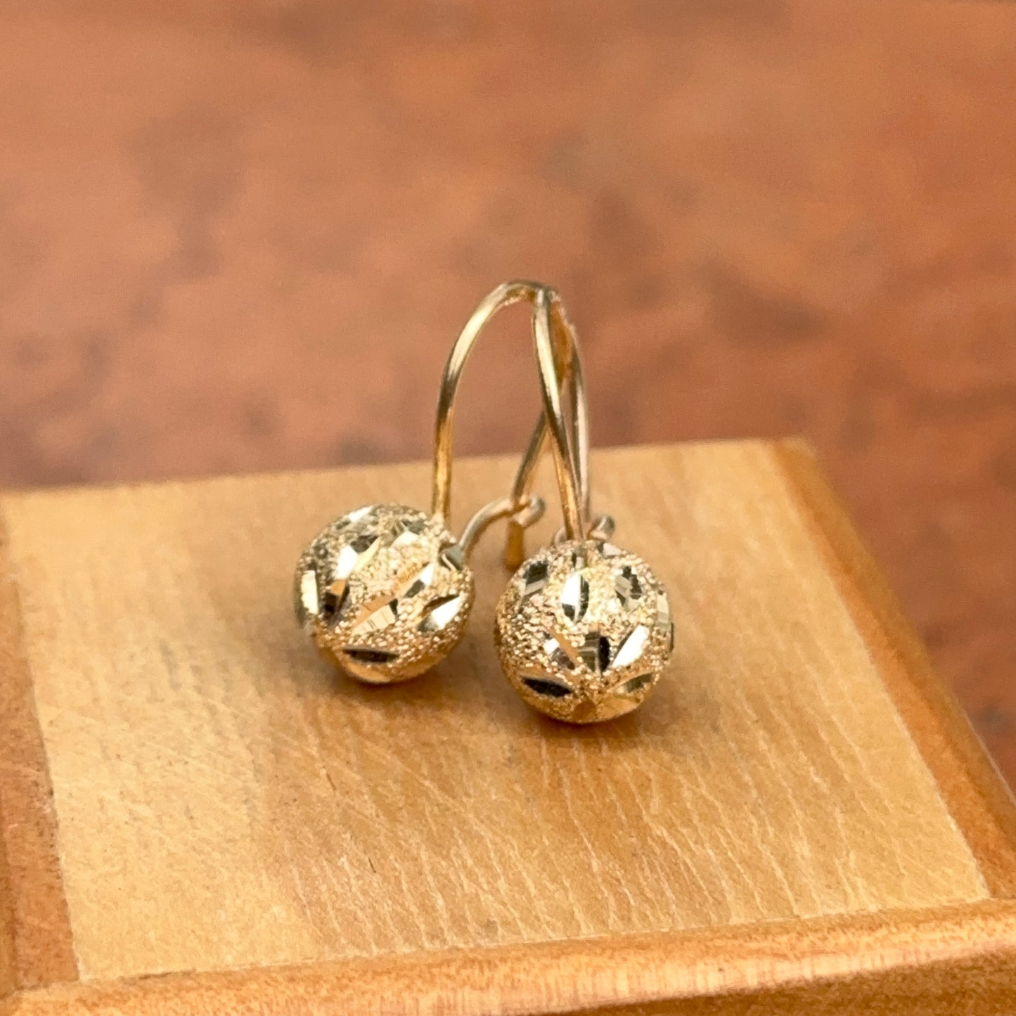 14KT Yellow Gold Satin Diamond-Cut 8mm Ball Dangle Wire Earrings