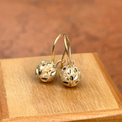 14KT Yellow Gold Satin Diamond-Cut 8mm Ball Dangle Wire Earrings
