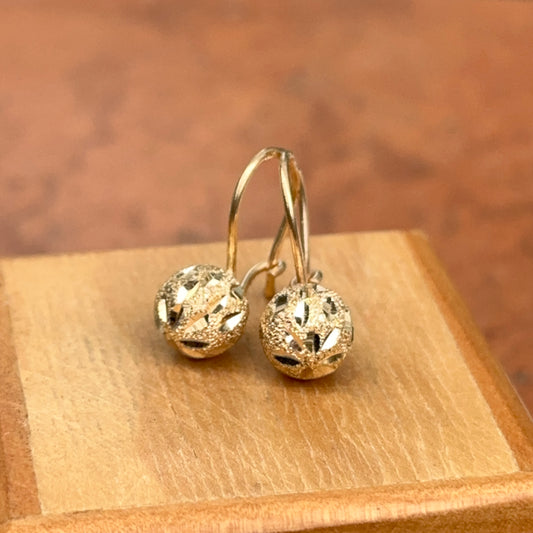 14KT Yellow Gold Satin Diamond-Cut 8mm Ball Dangle Wire Earrings