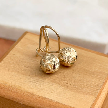 14KT Yellow Gold Satin Diamond-Cut 8mm Ball Dangle Wire Earrings