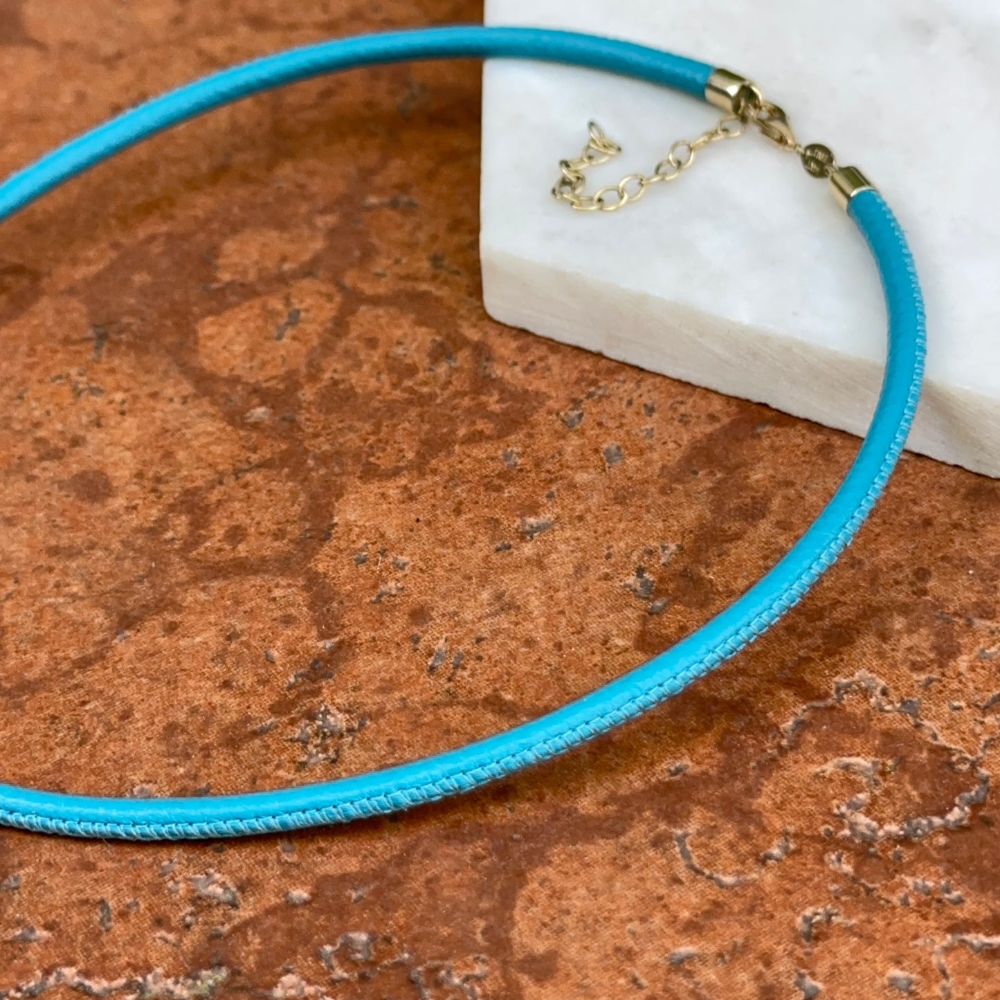14KT Yellow Gold 3mm Turquoise Leather Cord Necklace