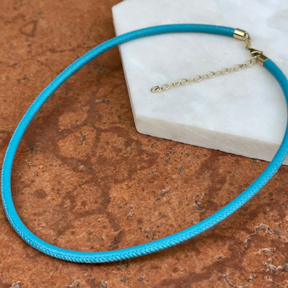 14KT Yellow Gold 3mm Turquoise Leather Cord Necklace