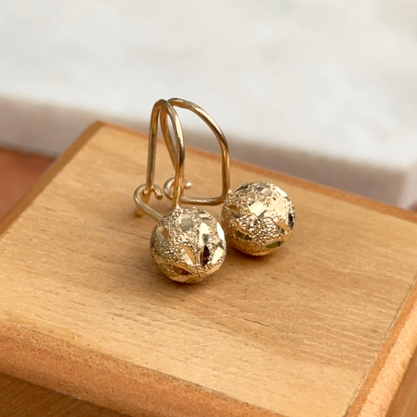 14KT Yellow Gold Satin Diamond-Cut 8mm Ball Dangle Wire Earrings