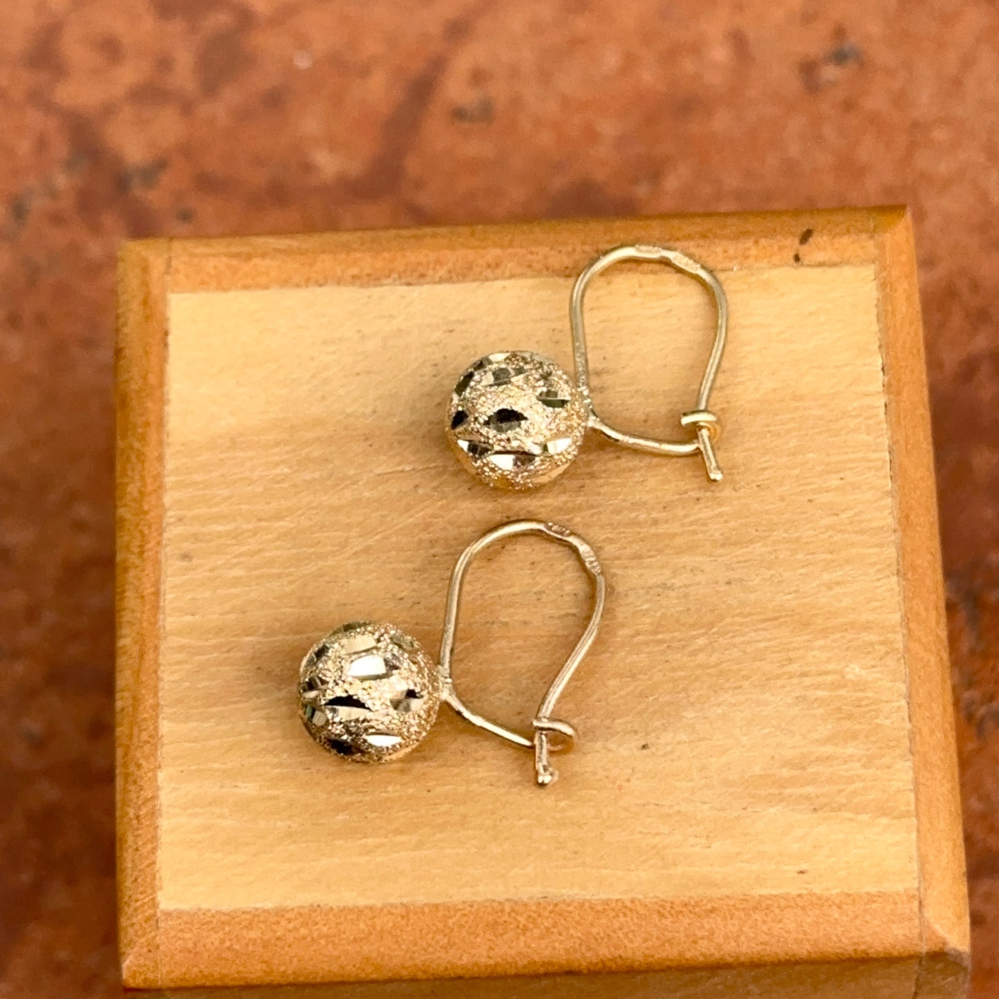 14KT Yellow Gold Satin Diamond-Cut 8mm Ball Dangle Wire Earrings