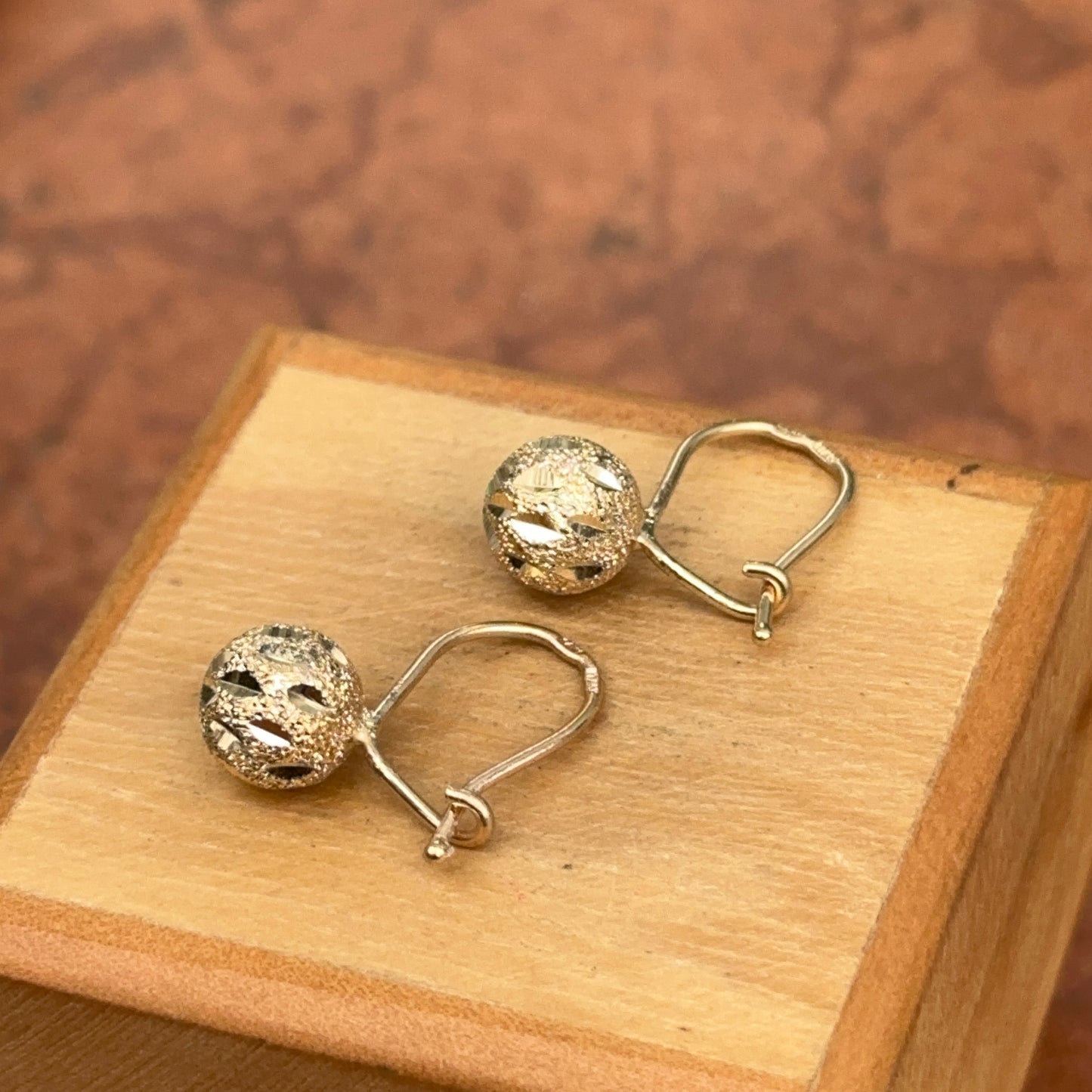 14KT Yellow Gold Satin Diamond-Cut 8mm Ball Dangle Wire Earrings