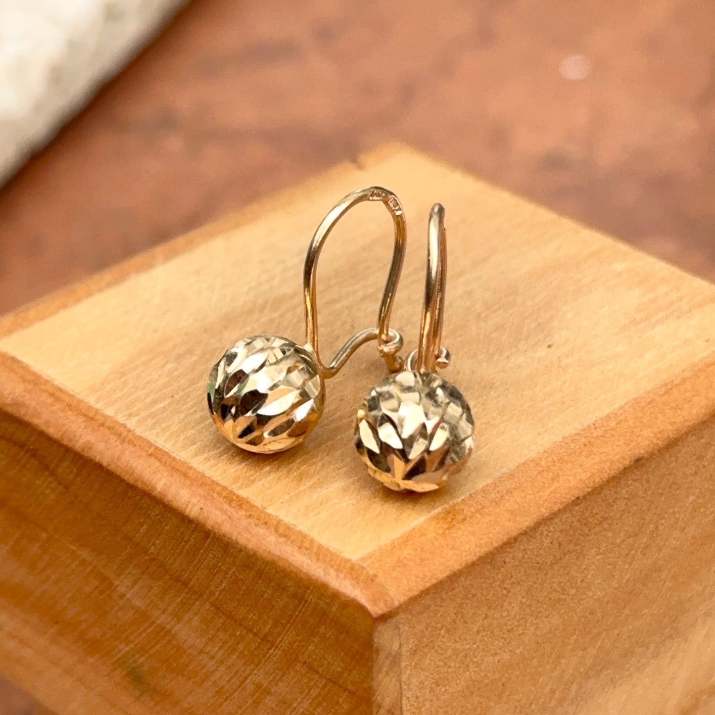 14KT Yellow Gold Diamond-Cut 8mm Ball Dangle Wire Earrings