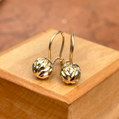 14KT Yellow Gold Diamond-Cut 8mm Ball Dangle Wire Earrings