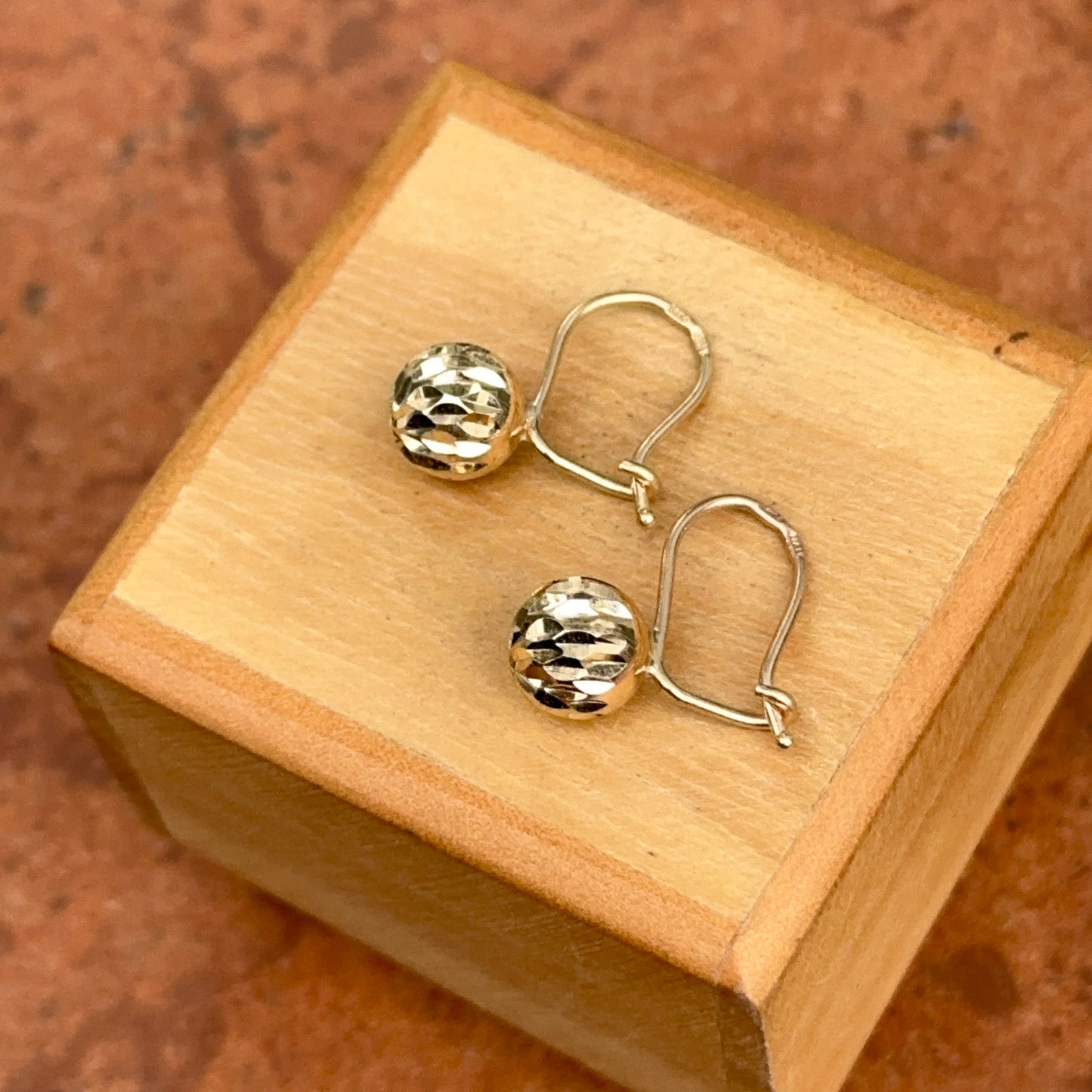 14KT Yellow Gold Diamond-Cut 8mm Ball Dangle Wire Earrings