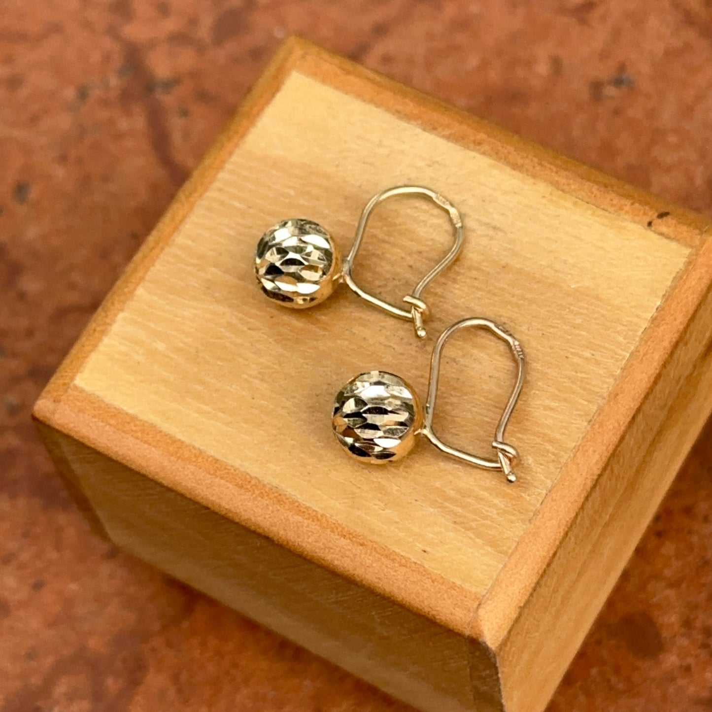 14KT Yellow Gold Diamond-Cut 8mm Ball Dangle Wire Earrings