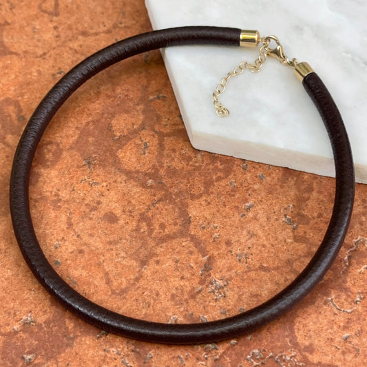 14KT Yellow Gold Dark Brown 5mm Leather Cord Necklace