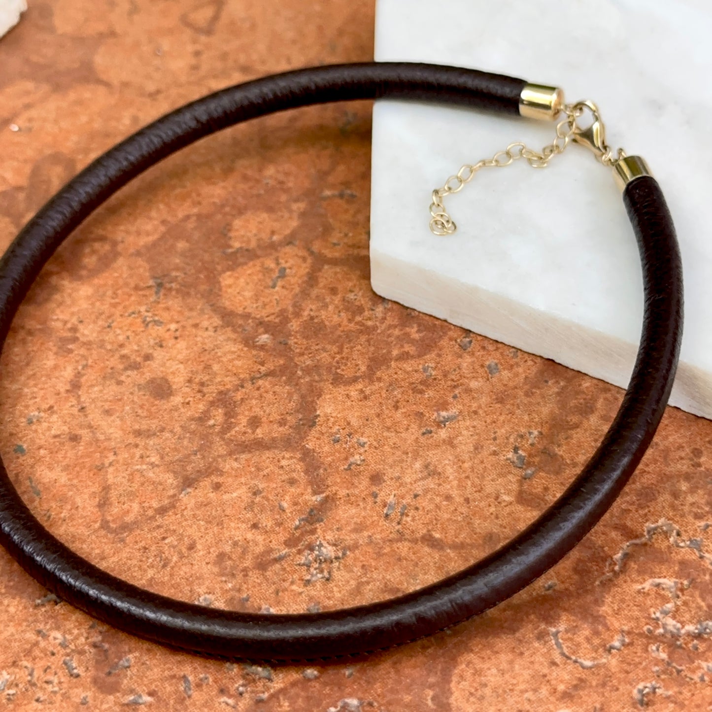 14KT Yellow Gold Dark Brown 5mm Leather Cord Necklace