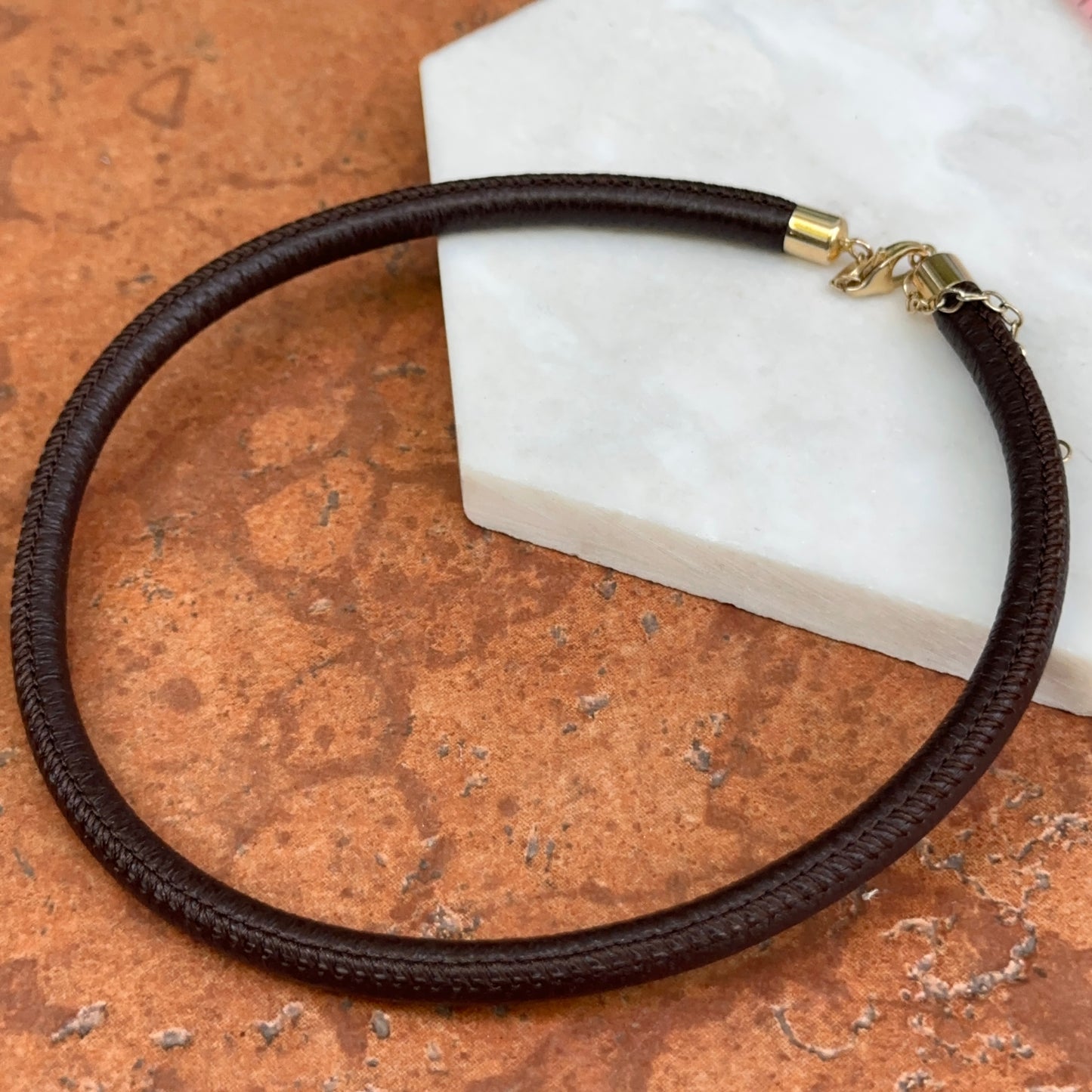 14KT Yellow Gold Dark Brown 5mm Leather Cord Necklace