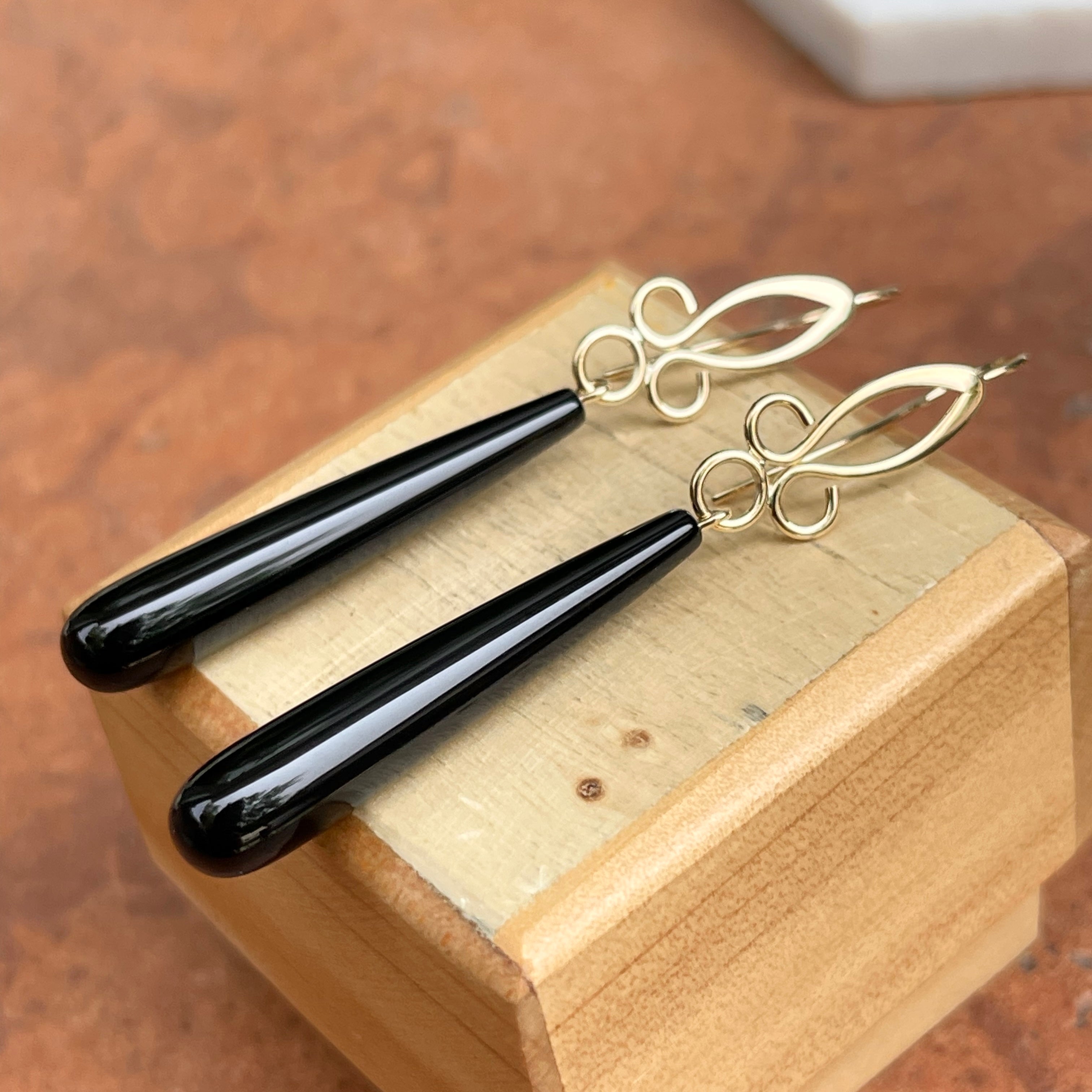 10k Yellow Gold and Black Onyx Pierced Drop Earrings With 2024 Self-Latching Hooks