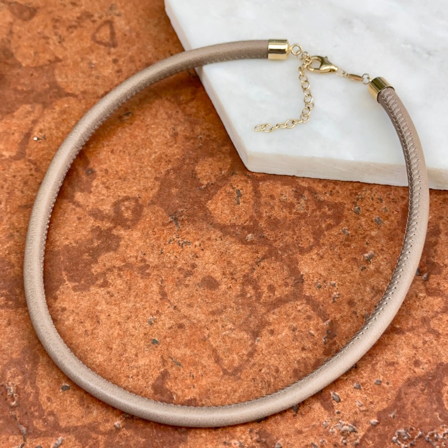 14KT Yellow Gold Beige Brown 5mm Leather Cord Necklace