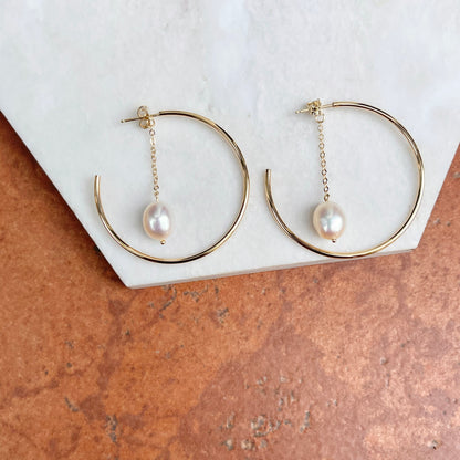 14KT Yellow Gold Freshwater Pearl Chain Hoop Earrings