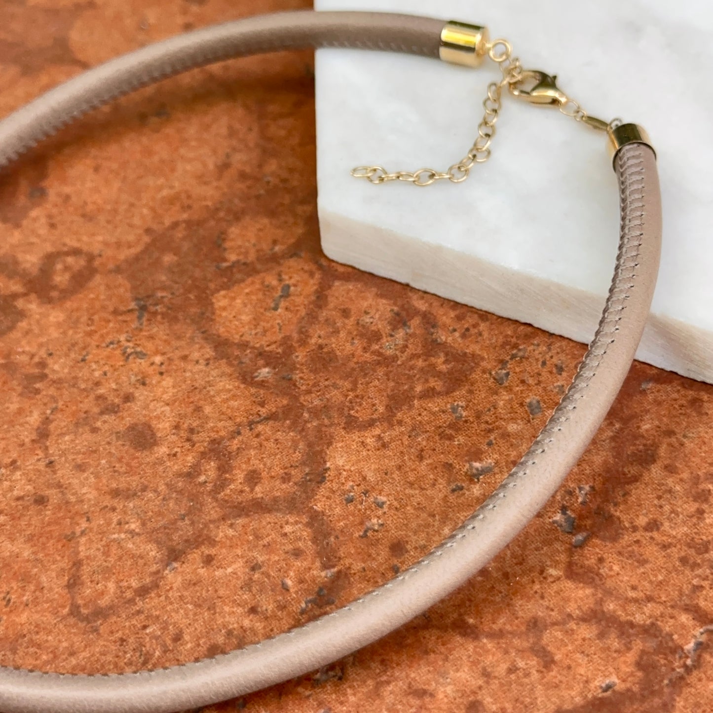 14KT Yellow Gold Beige Brown 5mm Leather Cord Necklace