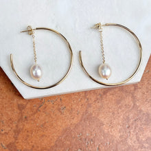 Load image into Gallery viewer, 14KT Yellow Gold Freshwater Pearl Chain Hoop Earrings