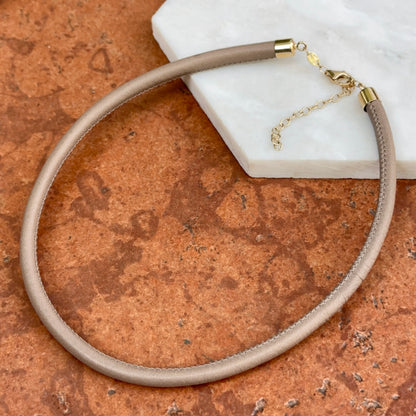 14KT Yellow Gold Beige Brown 5mm Leather Cord Necklace