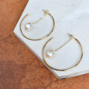 14KT Yellow Gold Freshwater Pearl Chain Hoop Earrings
