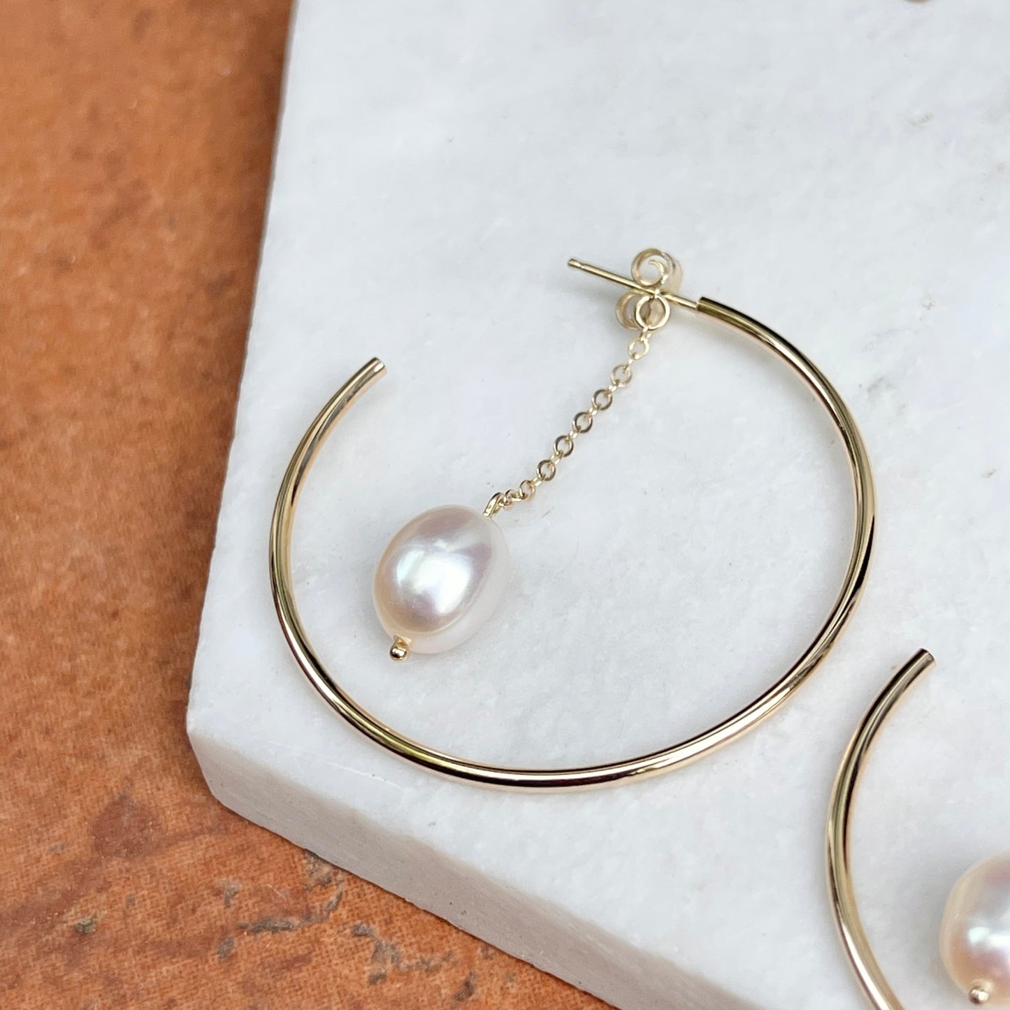 14KT Yellow Gold Freshwater Pearl Chain Hoop Earrings