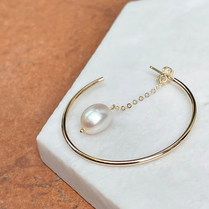 14KT Yellow Gold Freshwater Pearl Chain Hoop Earrings