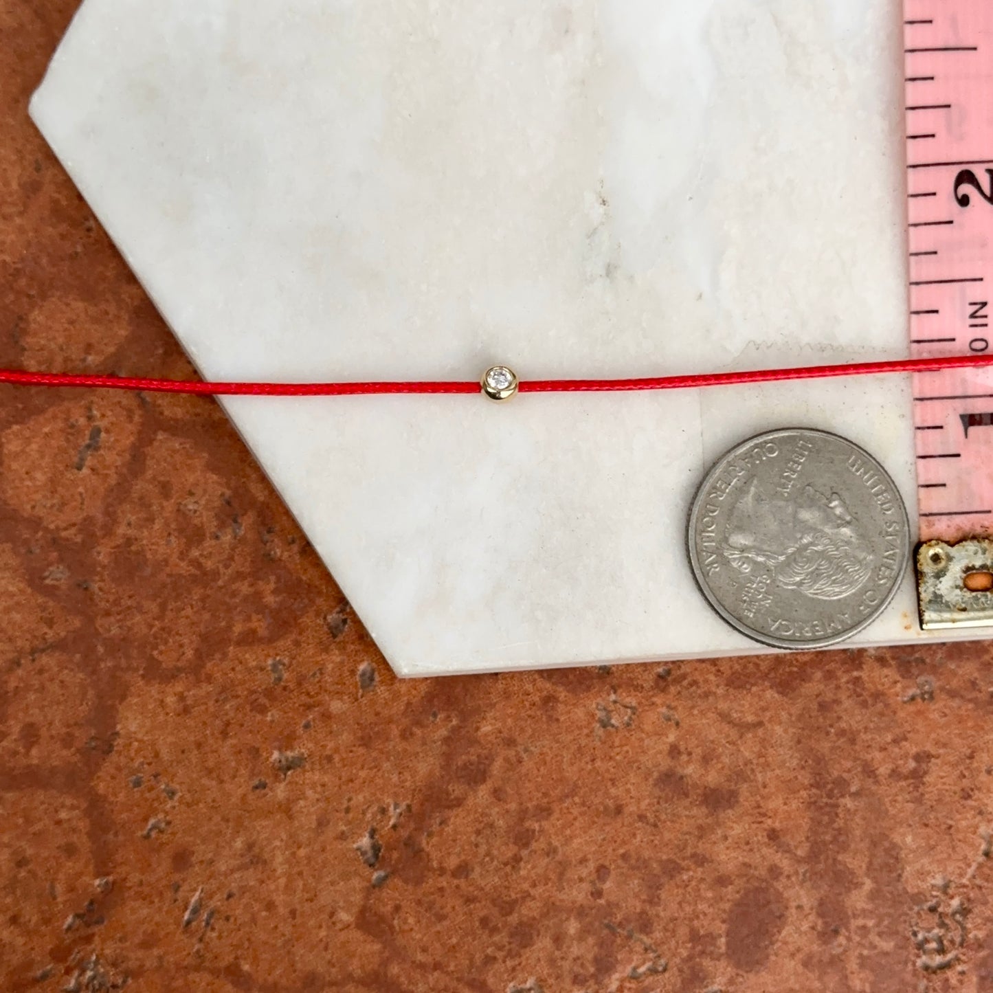 14KT Yellow Gold Red Silk Cord Necklace + Bezel Diamond Slide Pendant