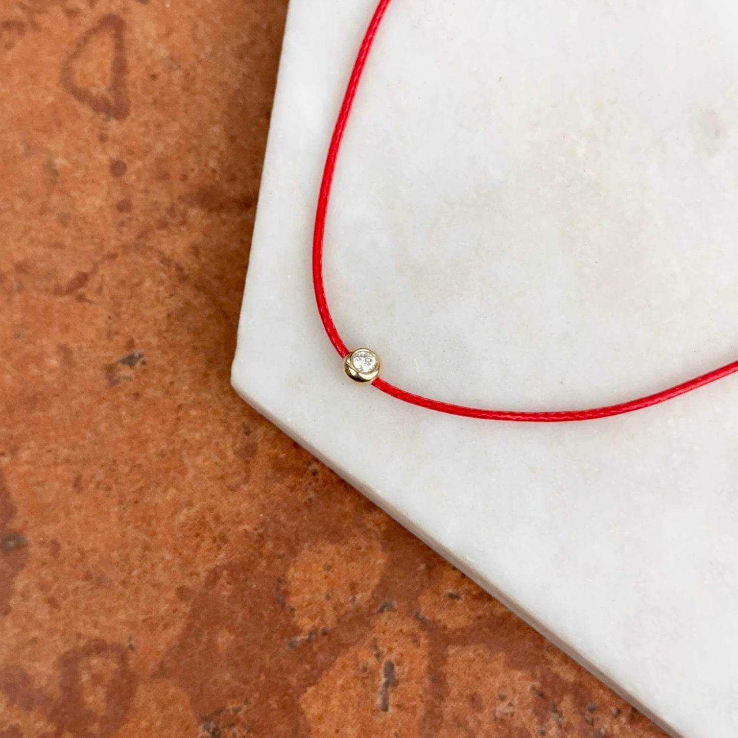 14KT Yellow Gold Red Silk Cord Necklace + Bezel Diamond Slide Pendant