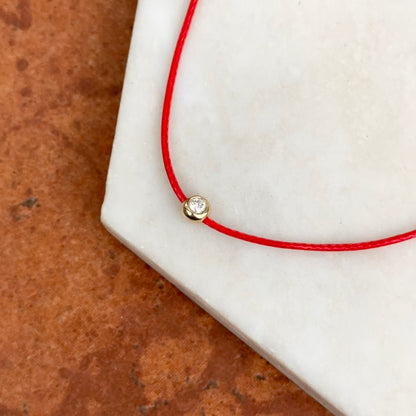 14KT Yellow Gold Red Silk Cord Necklace + Bezel Diamond Slide Pendant