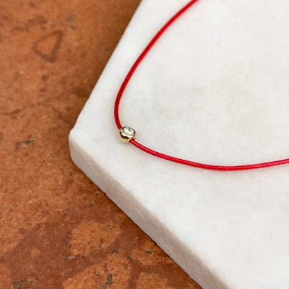 14KT Yellow Gold Red Silk Cord Necklace + Bezel Diamond Slide Pendant