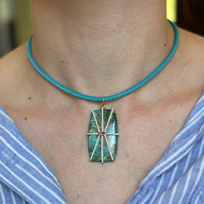 14KT Yellow Gold 3mm Turquoise Leather Cord Necklace