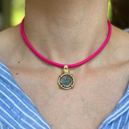 14KT Yellow Gold 3mm Hot Pink Leather Cord Necklace