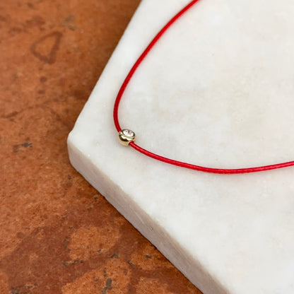 14KT Yellow Gold Red Silk Cord Necklace + Bezel Diamond Slide Pendant