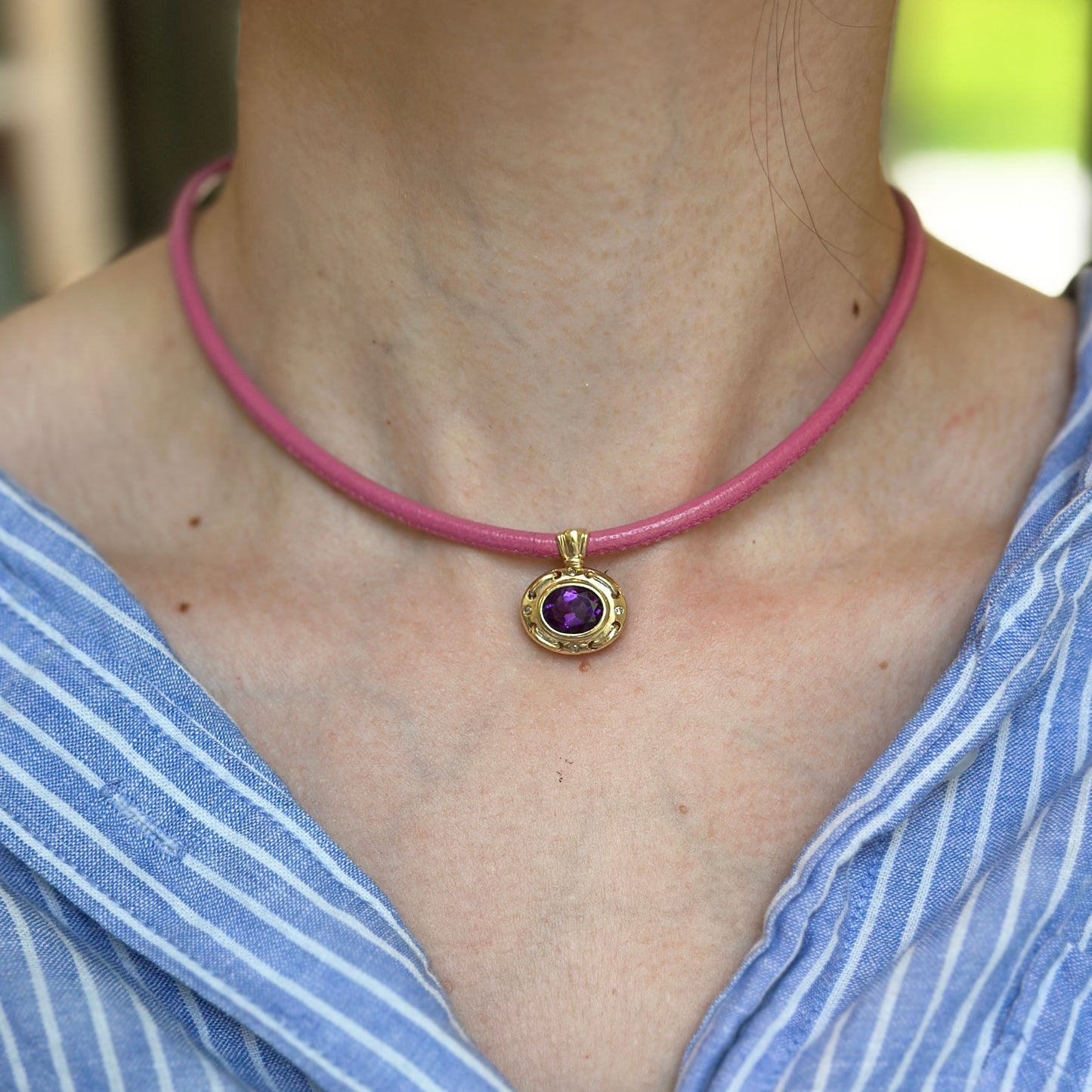 14KT Yellow Gold 3mm Dusty Pink Leather Cord Necklace