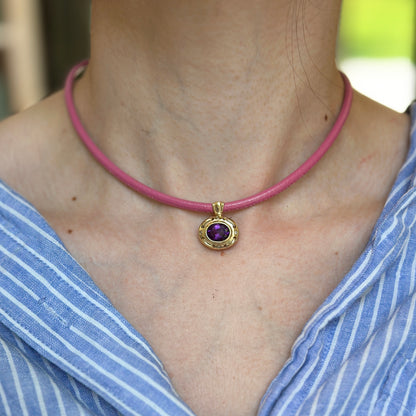 14KT Yellow Gold 3mm Dusty Pink Leather Cord Necklace