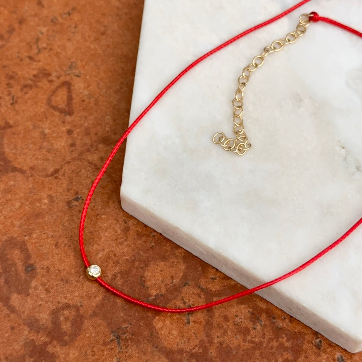 14KT Yellow Gold Red Silk Cord Necklace + Bezel Diamond Slide Pendant