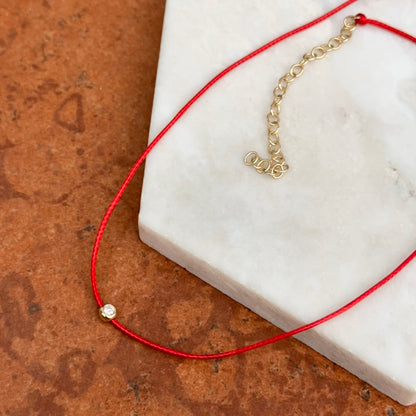 14KT Yellow Gold Red Silk Cord Necklace + Bezel Diamond Slide Pendant