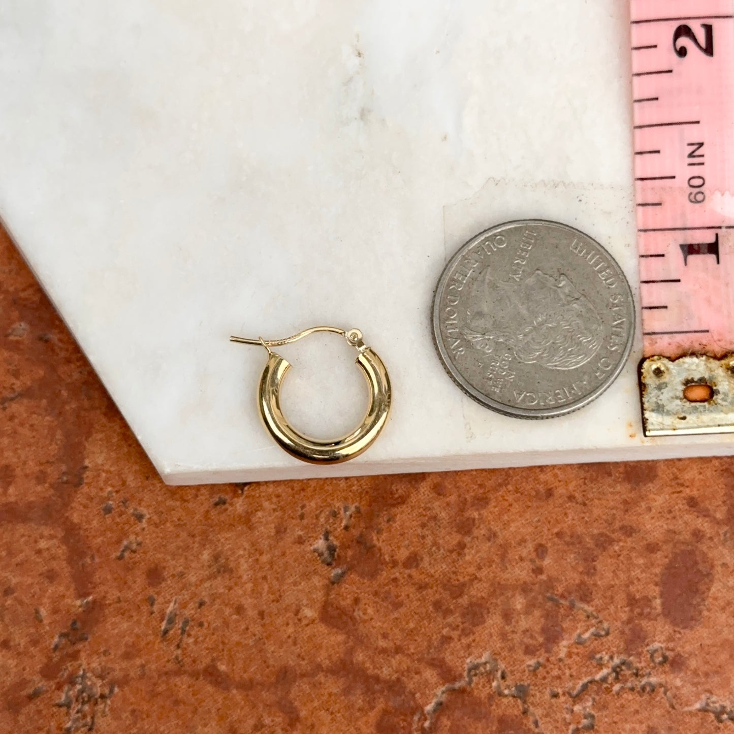 14KT Yellow Gold Shiny 3mm Tube Round Hoop Earrings 15mm