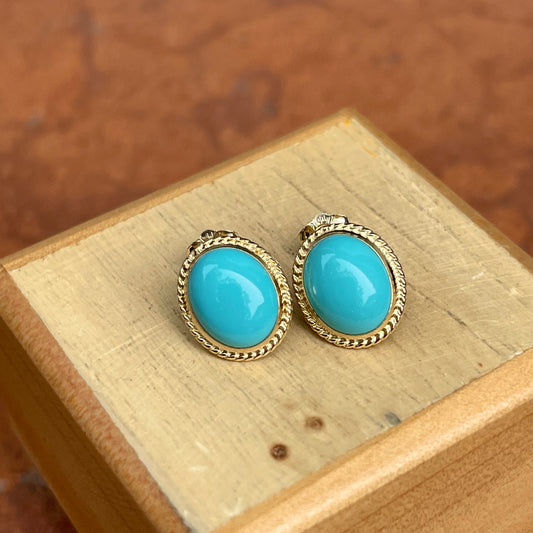 14KT Yellow Gold Oval Turquoise Milgrain Bezel Stud Earrings