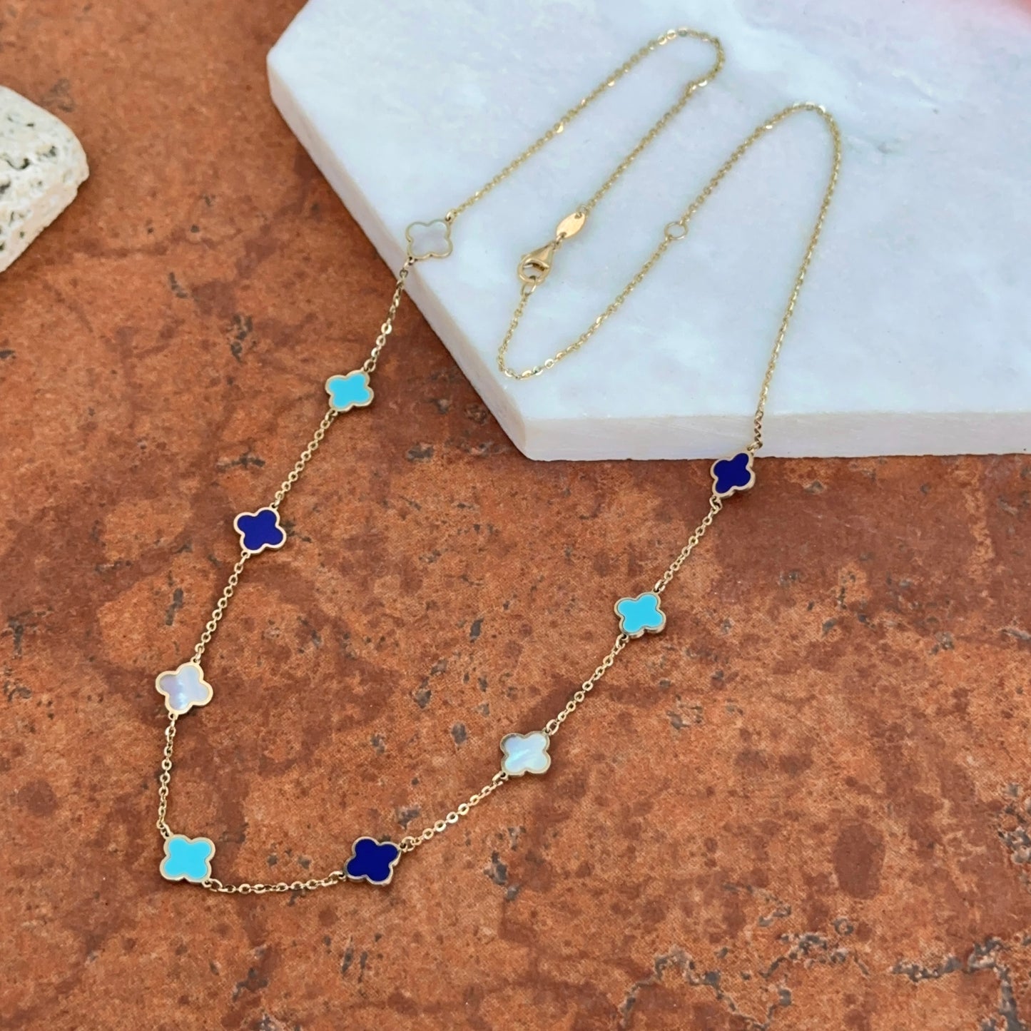 14KT Yellow Gold Lapis, Turquoise, Pearl 7mm Clover Station Necklace