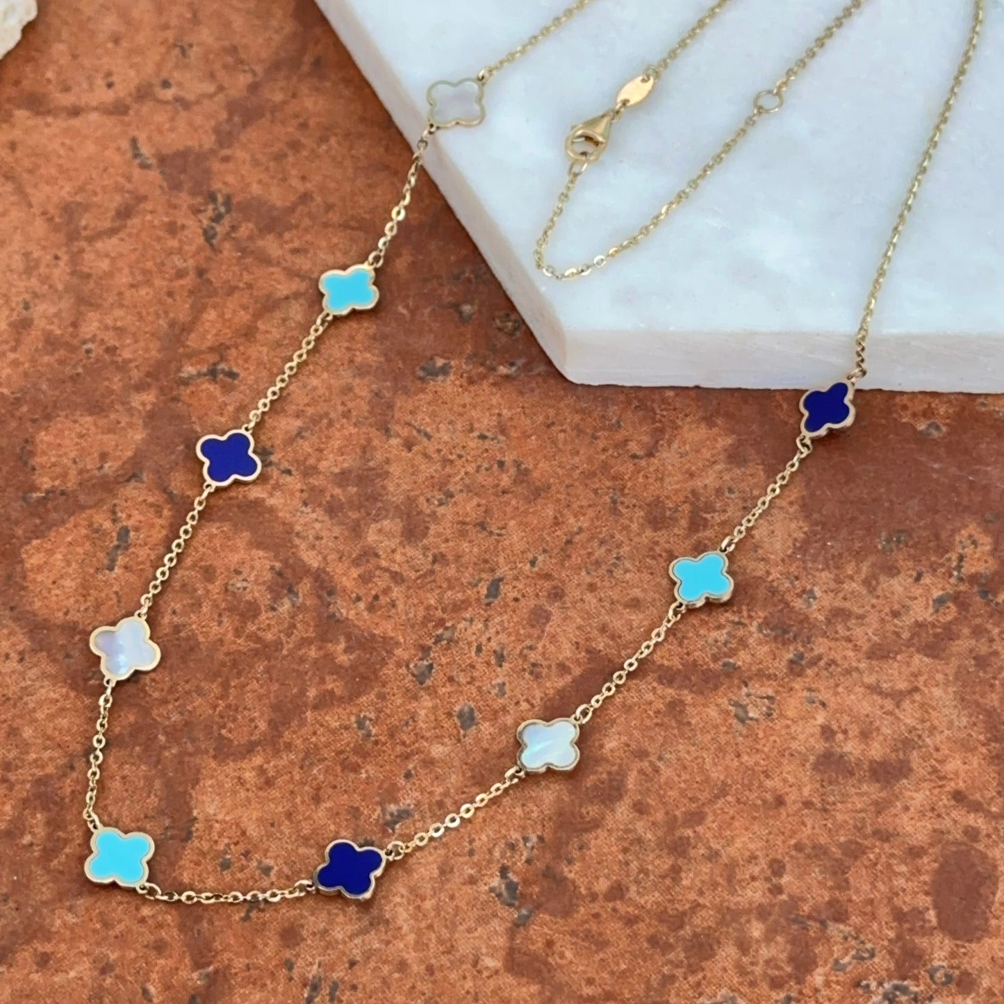 14KT Yellow Gold Lapis, Turquoise, Pearl 7mm Clover Station Necklace