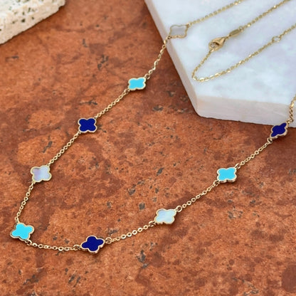 14KT Yellow Gold Lapis, Turquoise, Pearl 7mm Clover Station Necklace