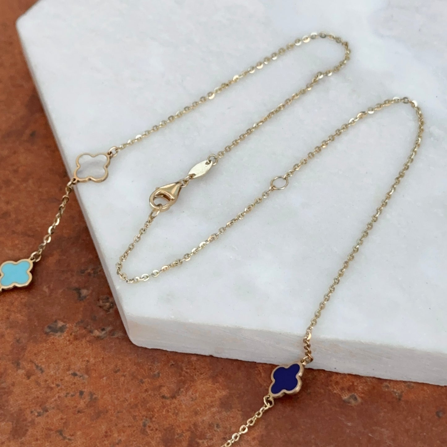 14KT Yellow Gold Lapis, Turquoise, Pearl 7mm Clover Station Necklace