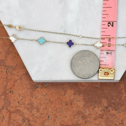 14KT Yellow Gold Lapis, Turquoise, Pearl 7mm Clover Station Necklace