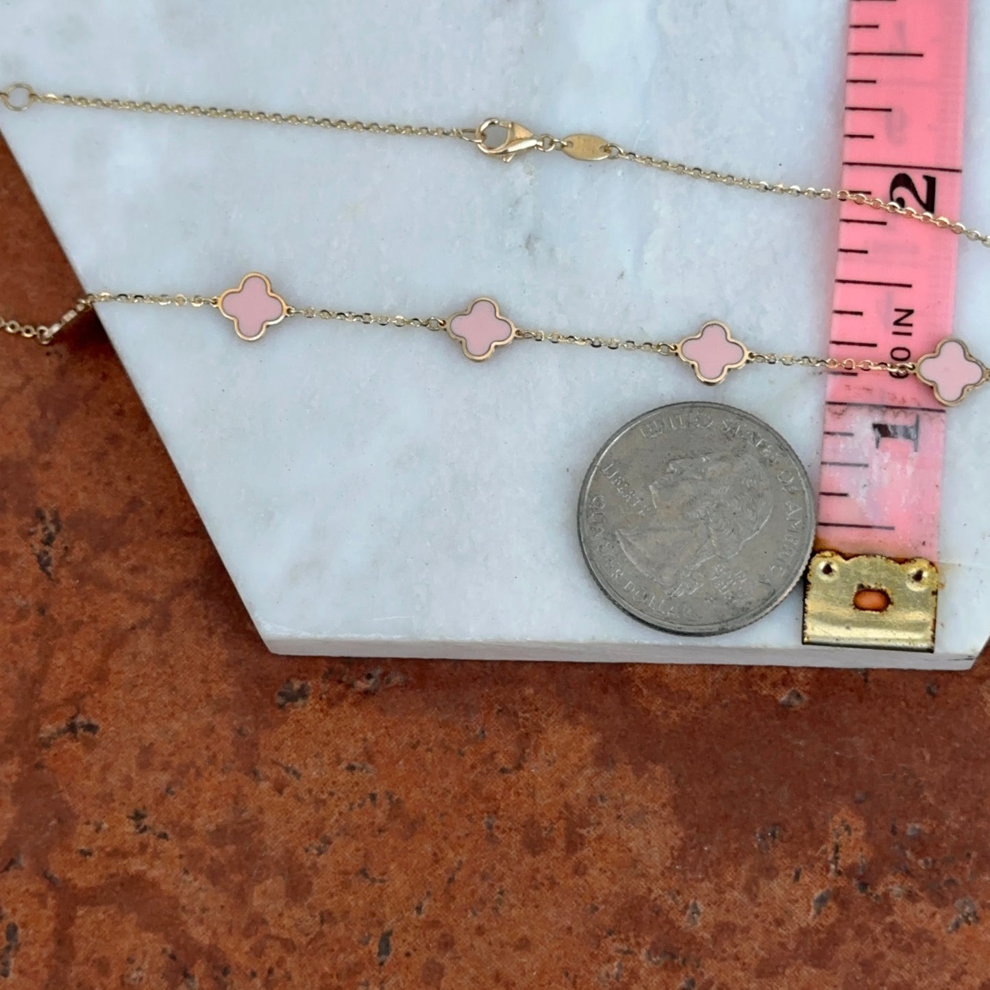 14KT Yellow Gold Light Pink Enamel 7mm Clover Station Necklace