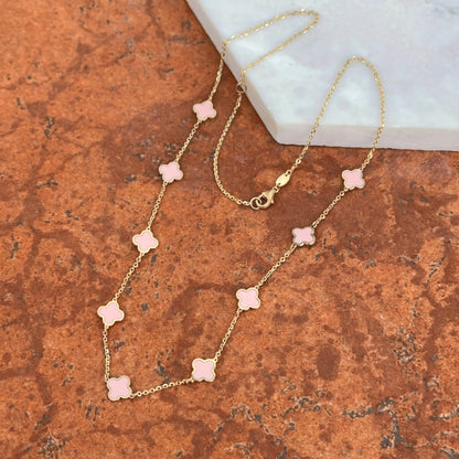 14KT Yellow Gold Light Pink Enamel 7mm Clover Station Necklace