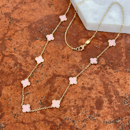 14KT Yellow Gold Light Pink Enamel 7mm Clover Station Necklace